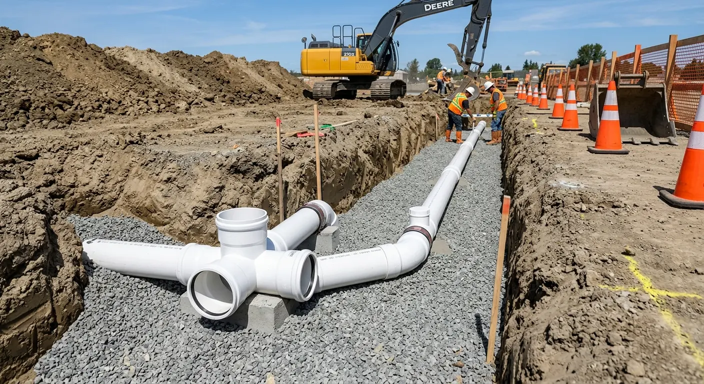 New PVC sewer pipe installation in open trench for Commercial Drain Cleaning in Schuyler