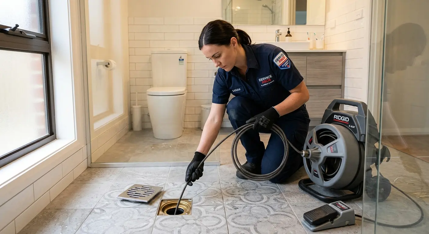 Technician clearing a bathroom floor drain for Clogged Drain Repair in Schuyler